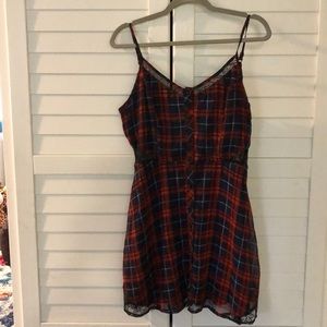 TOBI RED + NAVY PLAID MINI DRESS W/LACE DETAILS